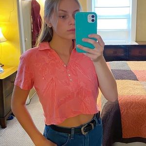 Pink Hawaiian/floral pattern cropped polo top